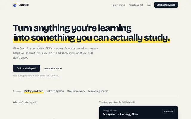 Screenshot of Cramlio — Turn anything you’re learning into something you can actually study