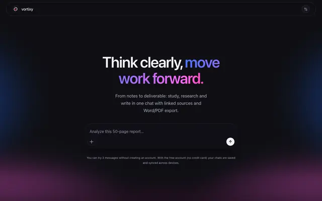 Screenshot of Vortixy Chat — study, research and writing workspace