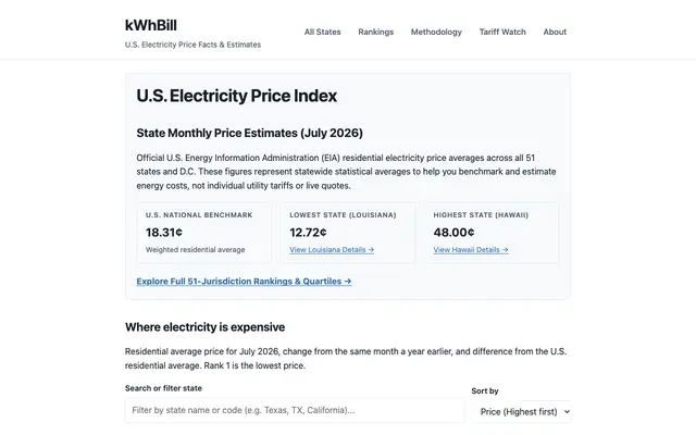 Screenshot of U.S. Electricity Rates by State (June 2026) | Official EIA Averages | kWhBill