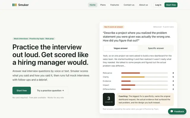 Screenshot of Smuker — Practice the interview out loud. Get scored like a hiring manager would