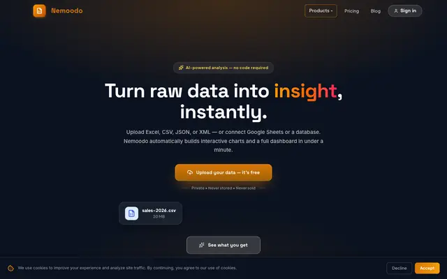 Screenshot of Nemoodo | Upload Data. Discover Insights.