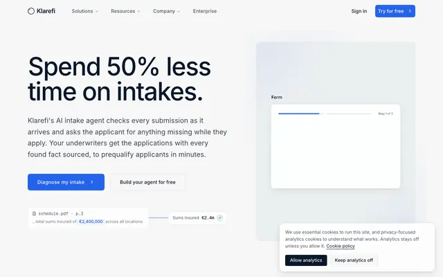 Screenshot of Klarefi | AI intake automation for insurance and lending
