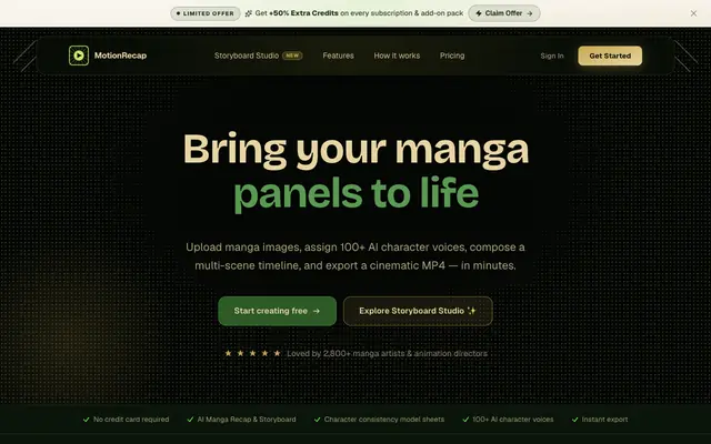 Screenshot of MotionRecap — AI Manga Storyboard Studio & Video Generator