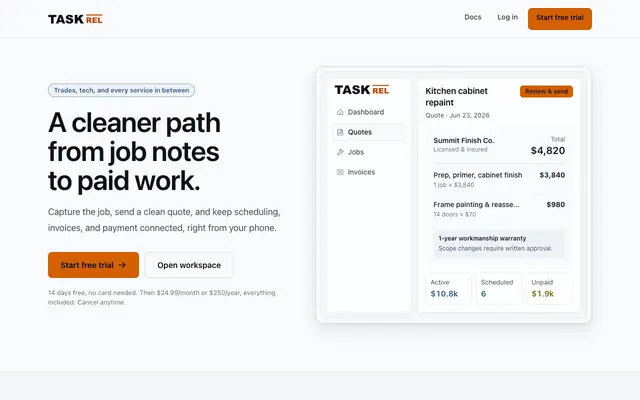 Screenshot of TaskRel · Quoting, Booking & Invoicing for Service Businesses