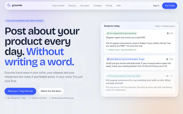 Screenshot of AI Post Generator for Founders: X & Reddit Posts | Groumie