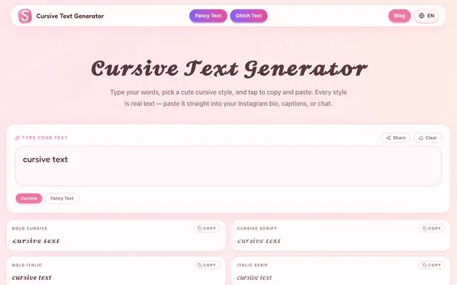 Screenshot of Cursive Text Generator — Copy & Paste Cursive Fonts
