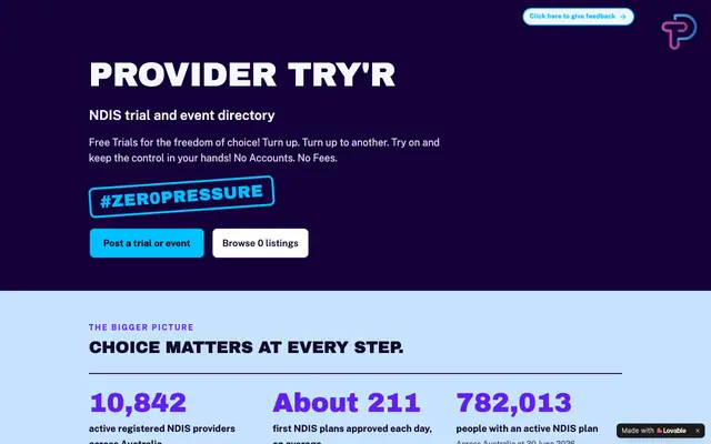 Screenshot of Provider Try'R — NDIS trial and event directory