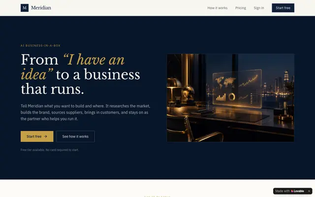 Screenshot of Meridian — Your AI business partner, from idea to running company