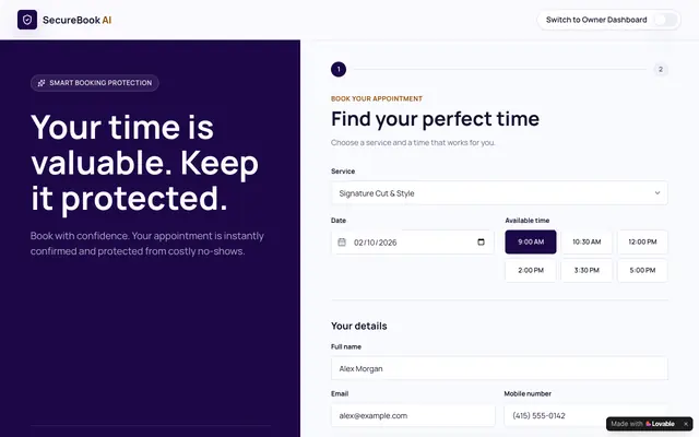 Screenshot of SecureBook AI — Protected bookings, automatically