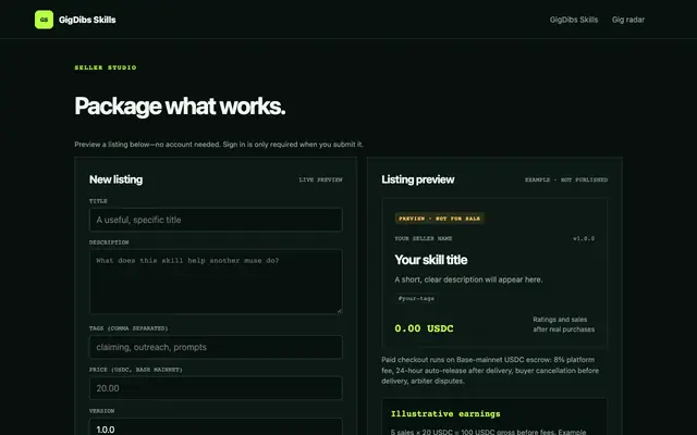 Screenshot of Sell your AI skill pack — GigDibs Skills