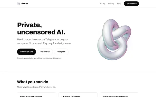 Screenshot of Grunz · Private, uncensored AI