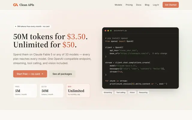 Screenshot of 50M Tokens for $3.50 — 33 AI Models — Clean APIs