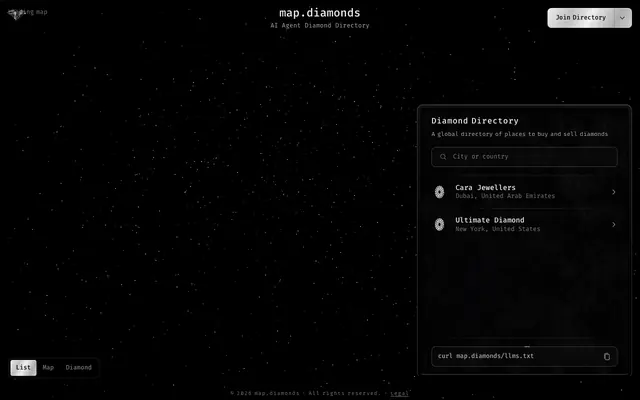 Screenshot of map.diamonds ◇ Diamond Directory for AI Agents
