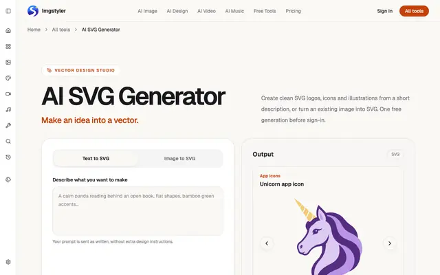 Screenshot of AI SVG Generator — Text & Image to SVG | Imgstyler