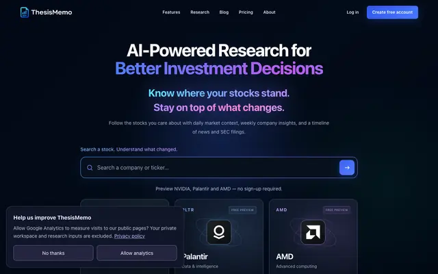 Screenshot of ThesisMemo | AI-Powered Stock Research