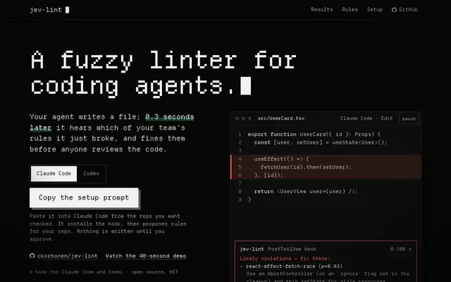 Screenshot of jev-lint — a fuzzy linter for coding agents