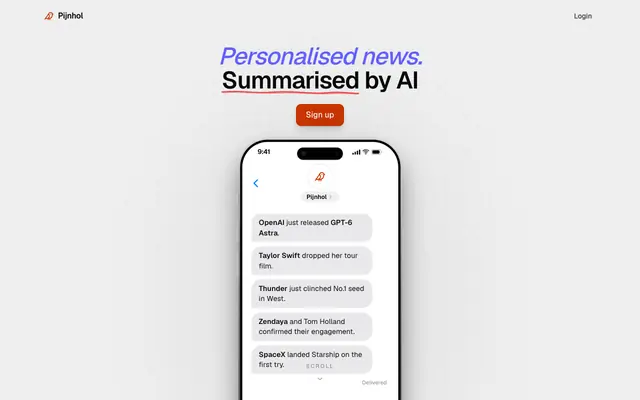 Screenshot of Pijnhol - Personalised news texted to you