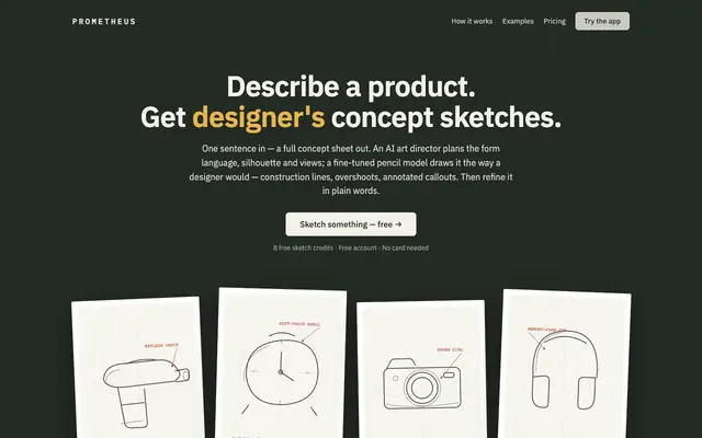 Screenshot of Prometheus — AI concept sketches for product designers