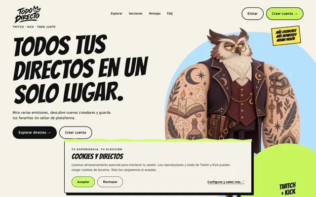 Screenshot of TodoDirectos — Twitch y Kick en una sola vista