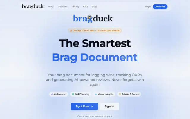 Screenshot of Bragduck — Brag Document for Logging Wins, OKRs & Career Impact