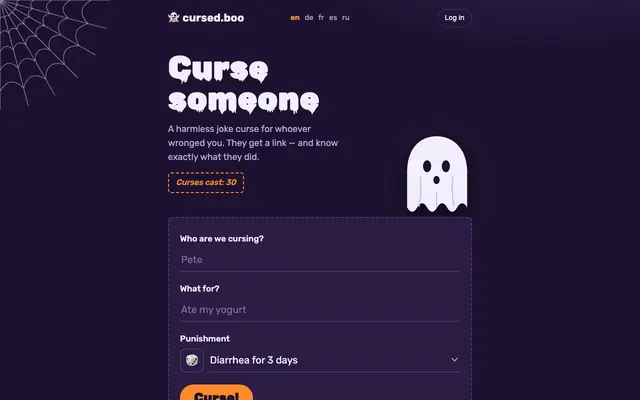 Screenshot of cursed.boo — curse your friends