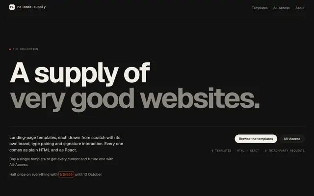 Screenshot of no-code.supply — code templates for no-code builders