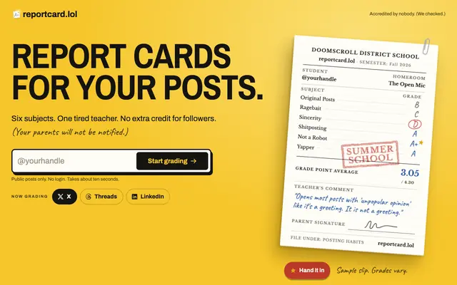 Screenshot of Report Card: grade any X, Threads or LinkedIn account