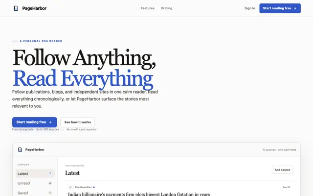 Screenshot of PageHarbor — RSS Reader for Full-Article Reading