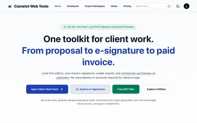 Screenshot of Camelot Web Tools | 100% Local Client Work Toolkit • Zero Ads, Zero AI