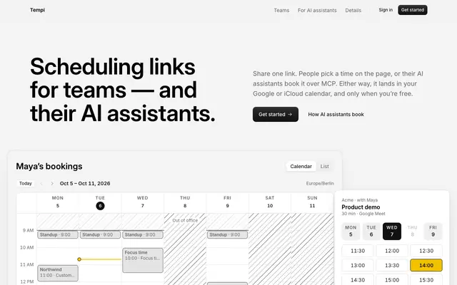 Screenshot of Tempi — Scheduling links for teams and their AI agents