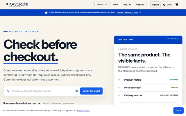 Screenshot of KAVORUNI | Check Before Checkout