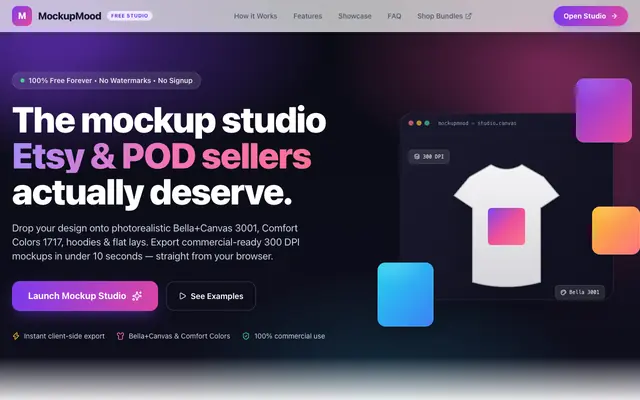 Screenshot of MockupMood | Free Realistic T-Shirt Mockup Generator for Etsy & POD Sellers