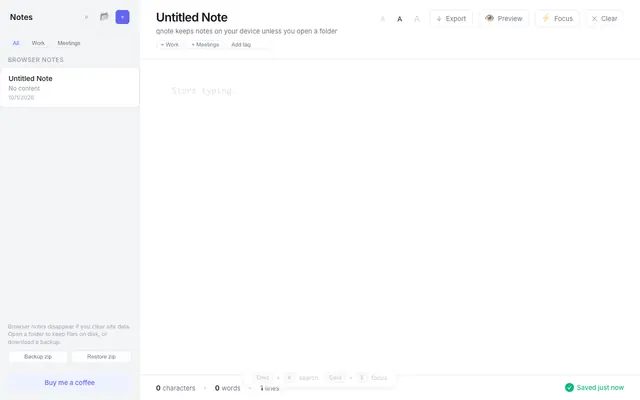 Screenshot of qnote — private notes in the browser