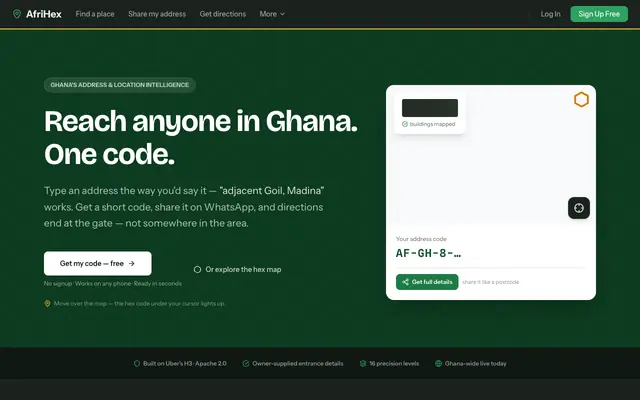 Screenshot of AfriHex — Reach Anyone in Ghana. One Hex Code.