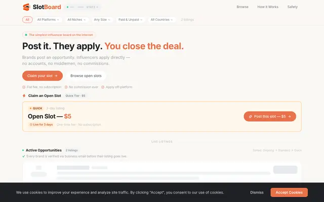 Screenshot of SlotBoard — Post an Influencer Recruitment Slot | No Subscription, No Commission