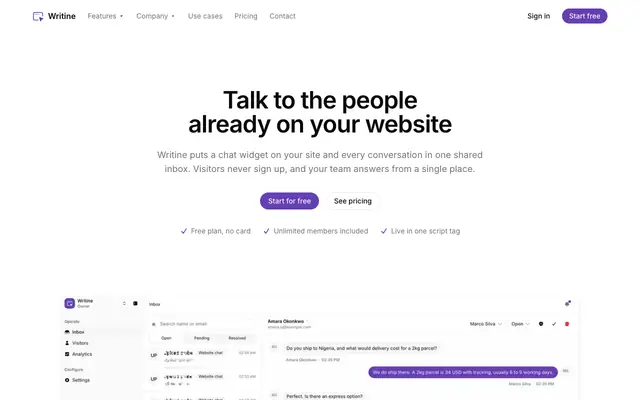 Screenshot of Writine | Live chat for your website