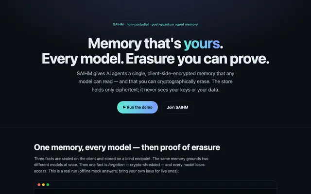 Screenshot of SAIHM — memory that's yours, across every model