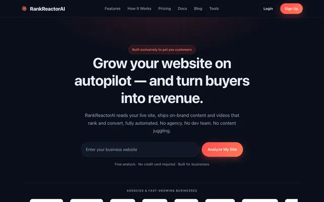 Screenshot of RankReactorAI — AI SEO Growth Engine for Businesses