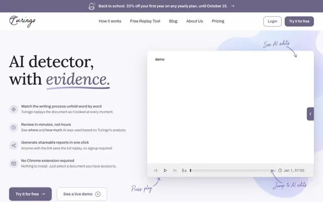 Screenshot of Turingo - AI detector for Google Docs and Microsoft Word