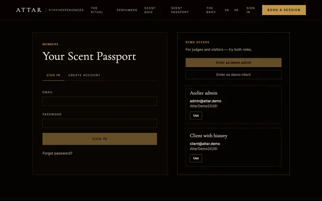 Screenshot of Sign In — ATTAR Scent Passport