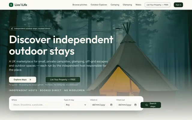 Screenshot of Discover Independent Outdoor Stays | live 1 life