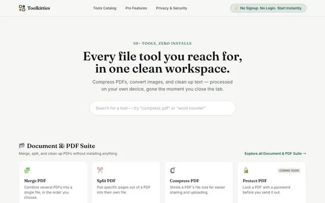 Screenshot of Toolkitties — 50+ Free Online Tools, No Signup Required