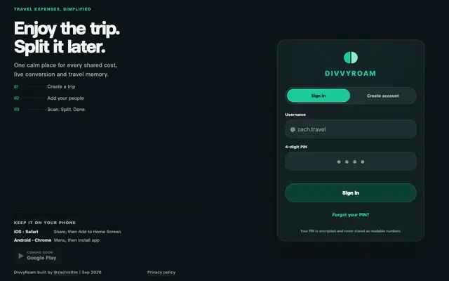 Screenshot of DivvyRoam