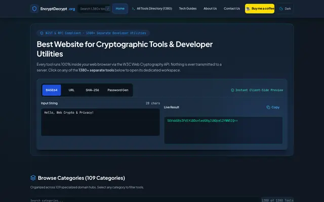 Screenshot of EncryptDecrypt.org - 300+ Free Client-Side Developer Security & Encryption Tools