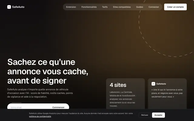 Screenshot of SafeAuto — Analysez une annonce de voiture d’occasion