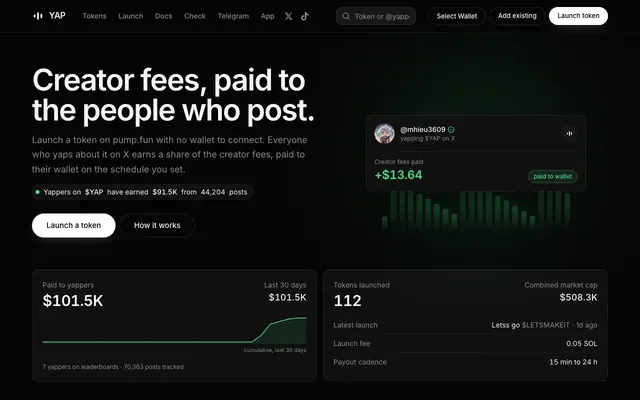 Screenshot of YAP — creator fees pay the people who post