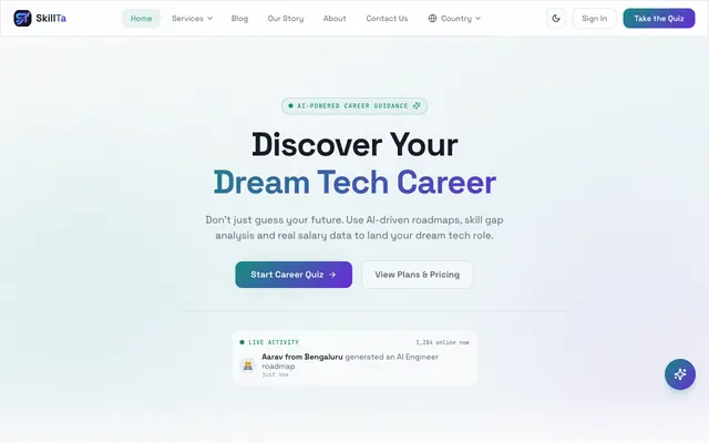 Screenshot of SkillTa — AI Career Quiz & Roadmaps 2026