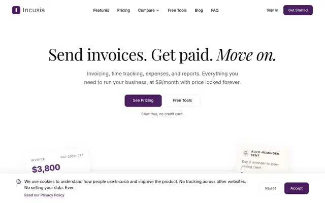 Screenshot of Incusia | Send invoices. Get paid. Move on.