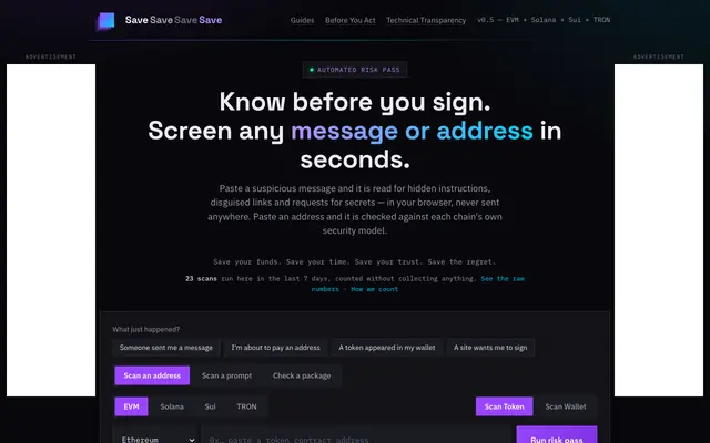 Screenshot of Free Crypto Scam Checker — Messages & Addresses — SaveSaveSaveSave