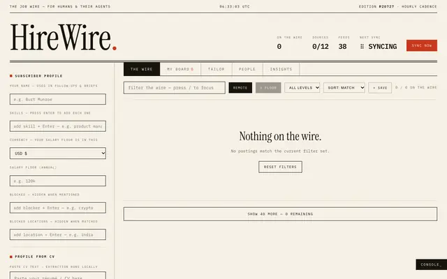 Screenshot of HireWire — Free Private Job Application Tracker & Job Feed Aggregator